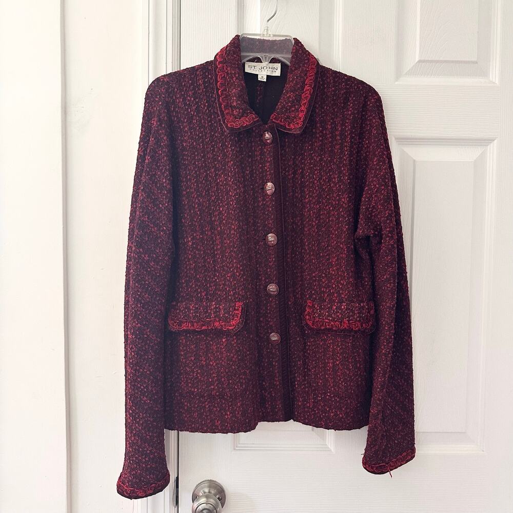 St John Collection Burgundy Wine Red Ribbon Trim Tweed Boucle Button Blazer 10